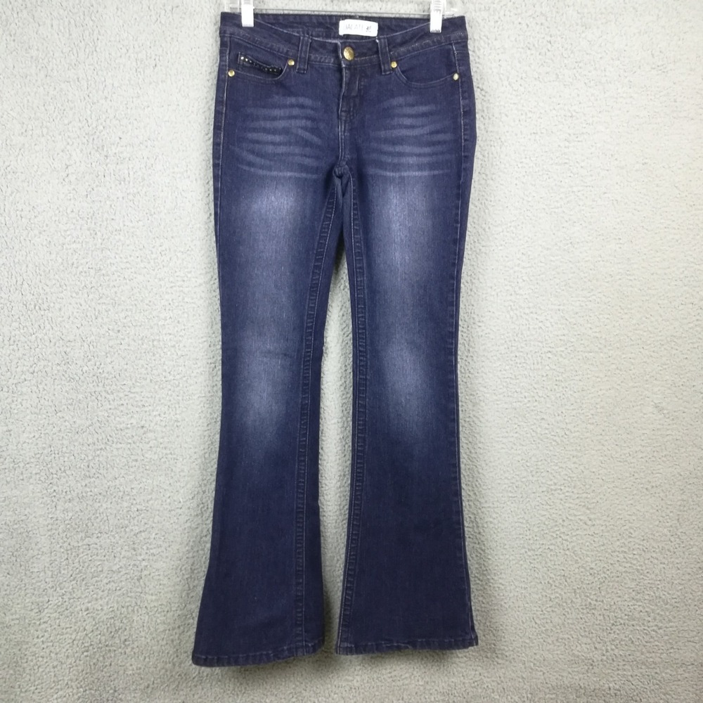 Jalate Womens Jeans Boot Cut Blue Denim Dark Wash Low Rise Whiskering 3 4